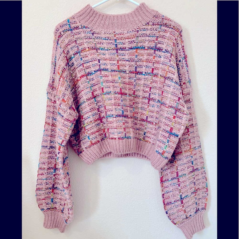 Colorful Grid Knit Cropped Sweater w/ Puff Sleeves